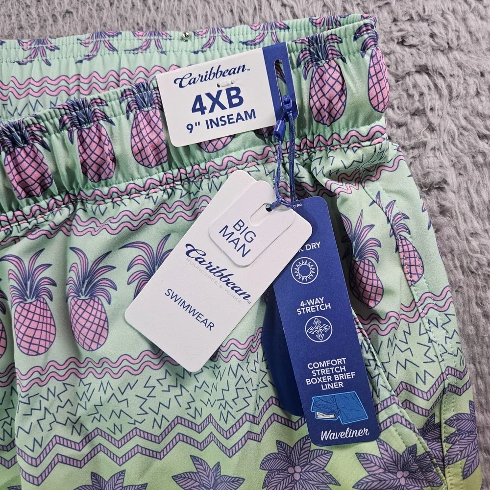 NWT Caribbean Swim Shorts Trunks Men's 4XB Big‎ Lined Tropical Pineapple Palm